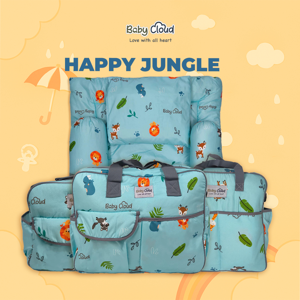 Baby Cloud Matras Set Newborn Bantal Guling Tas Bayi Happy Jungle Series Ukuran Kecil Medium Besar