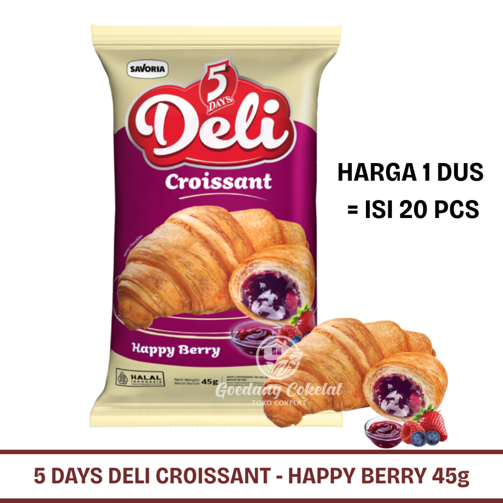

RB 5 DAYS 5DAYS DELI CROISSANT Kroisan Roti Puff Pastry Rasa Coklat Blueberry 1 Dus Isi 20 Pcs x 45g