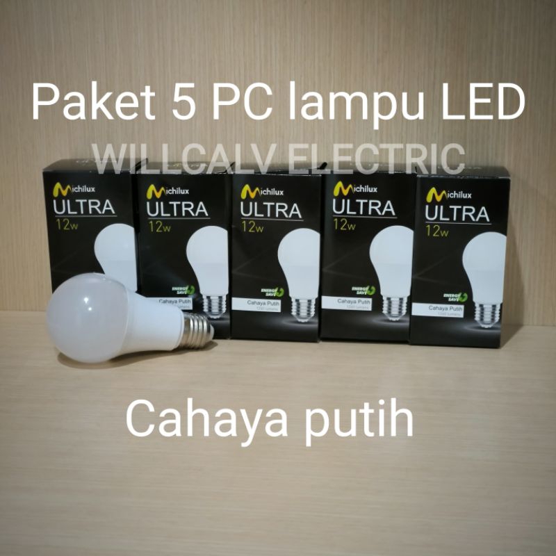 Paket 5 PC Michilux ULTRA 12W lampu LED Bulb cahaya putih 6500K E27