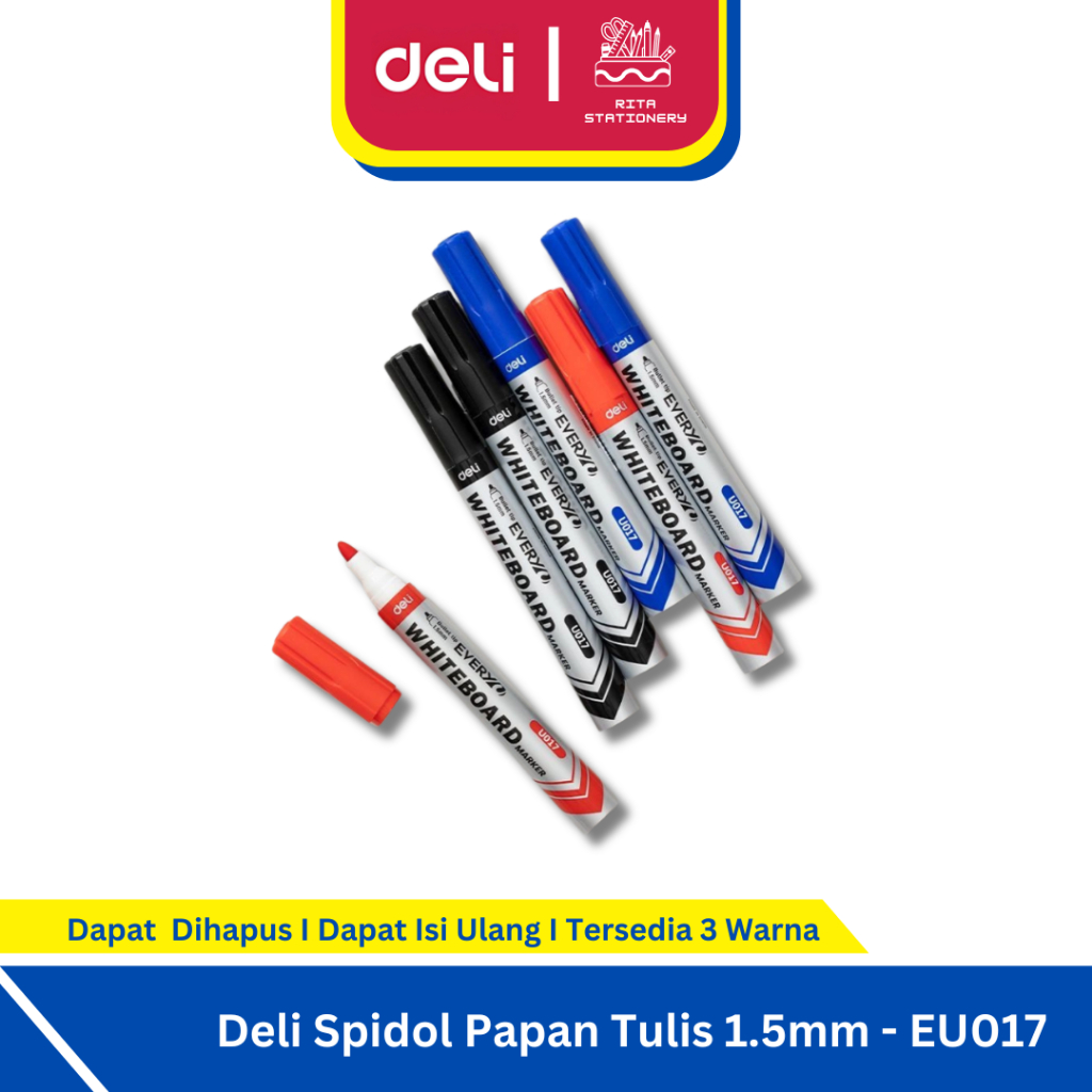 

Deli Spidol Papan Tulis / Dry Erase Marker 1.5mm Bisa di Refill EU017 Hitam / Biru / Merah / Setara Snowman