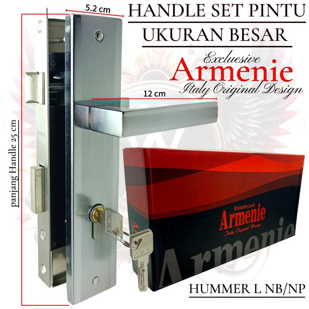 kunci pintu besar 25cm ARMENIE gagang kotak chrome | handle pintu 1 set | kunci set komplit 1set