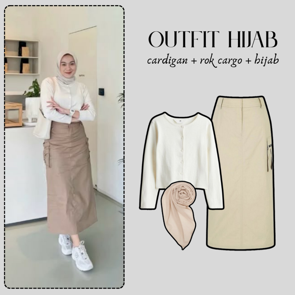 One Set Hijab Style | One Set ( Cardigan Rajut + Rok Cargo + Bella Square ) | OOTD Korean Style Keki