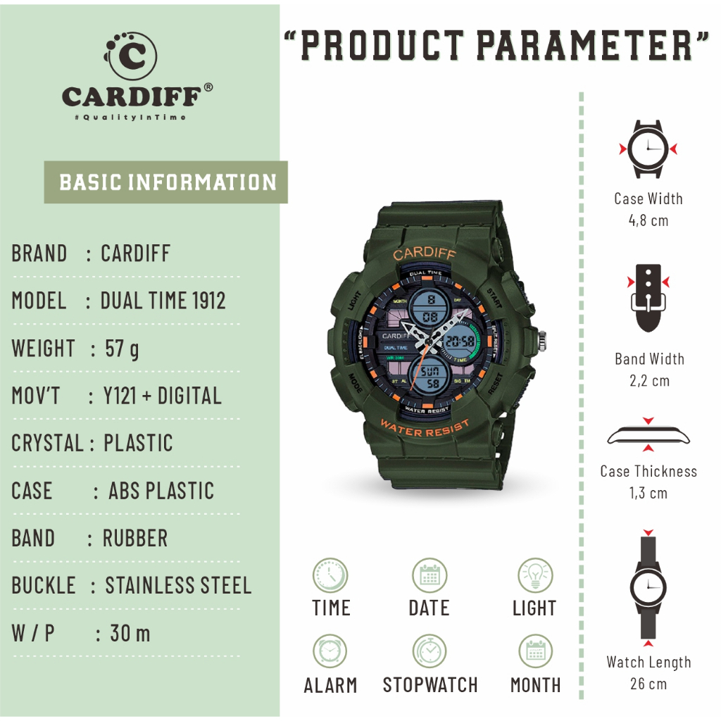 WTT CARDIFF Jam tangan dual time pria analog dan digital karet sport 1912 double time watch rubber