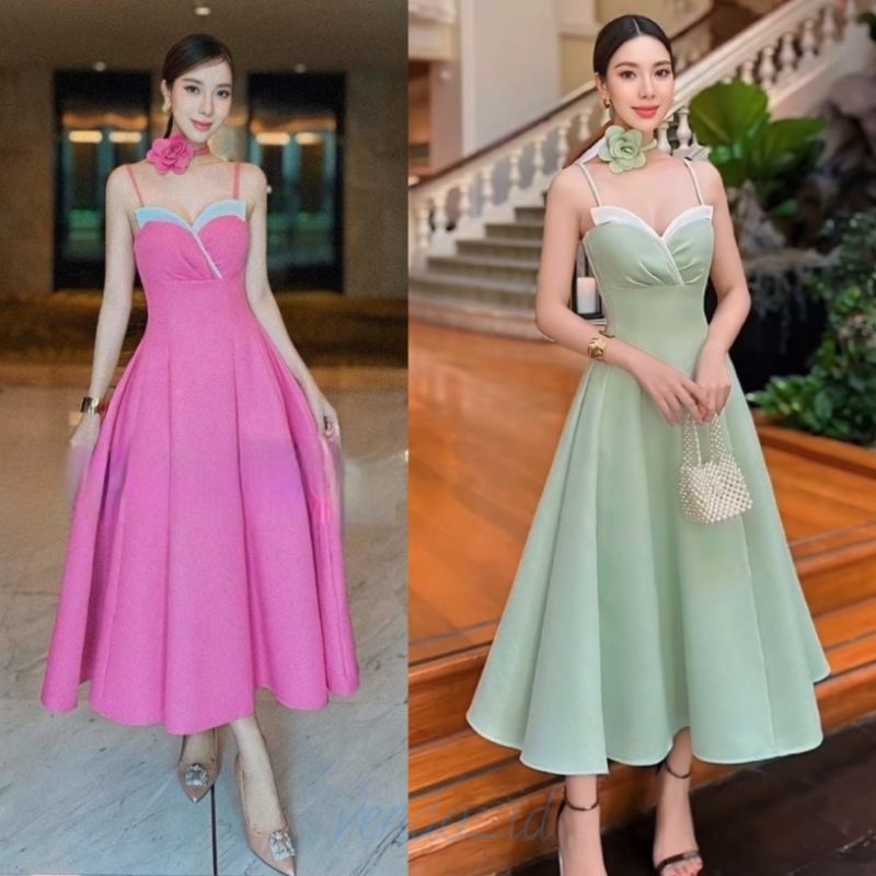 tank ribbon flare dress polos simple basic sister photoshoot europe paris gaun pesta wedding party e