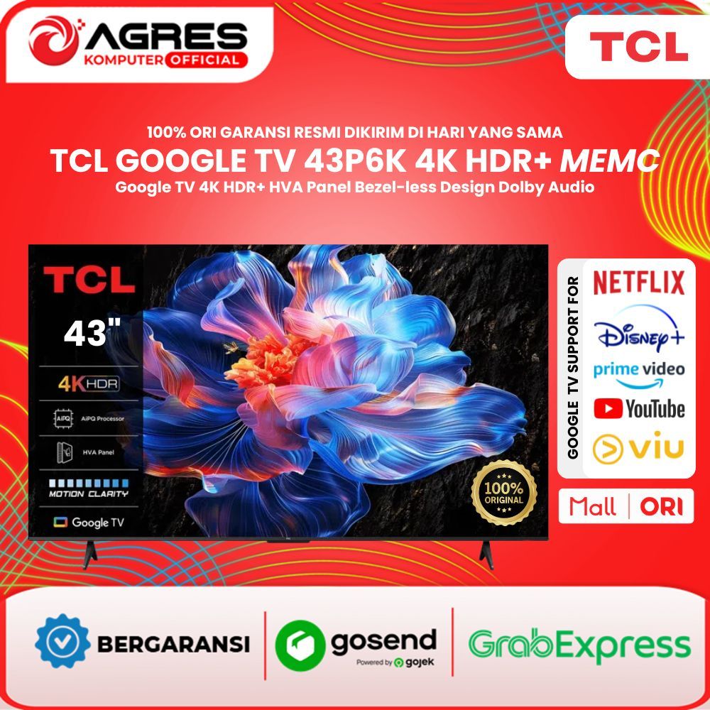 TCL 43 INCH P6K GOOGLE TV 4K UHD 43P6K DOLBY AUDIO HVA PANEL WITH MEMC 100% ORIGINAL