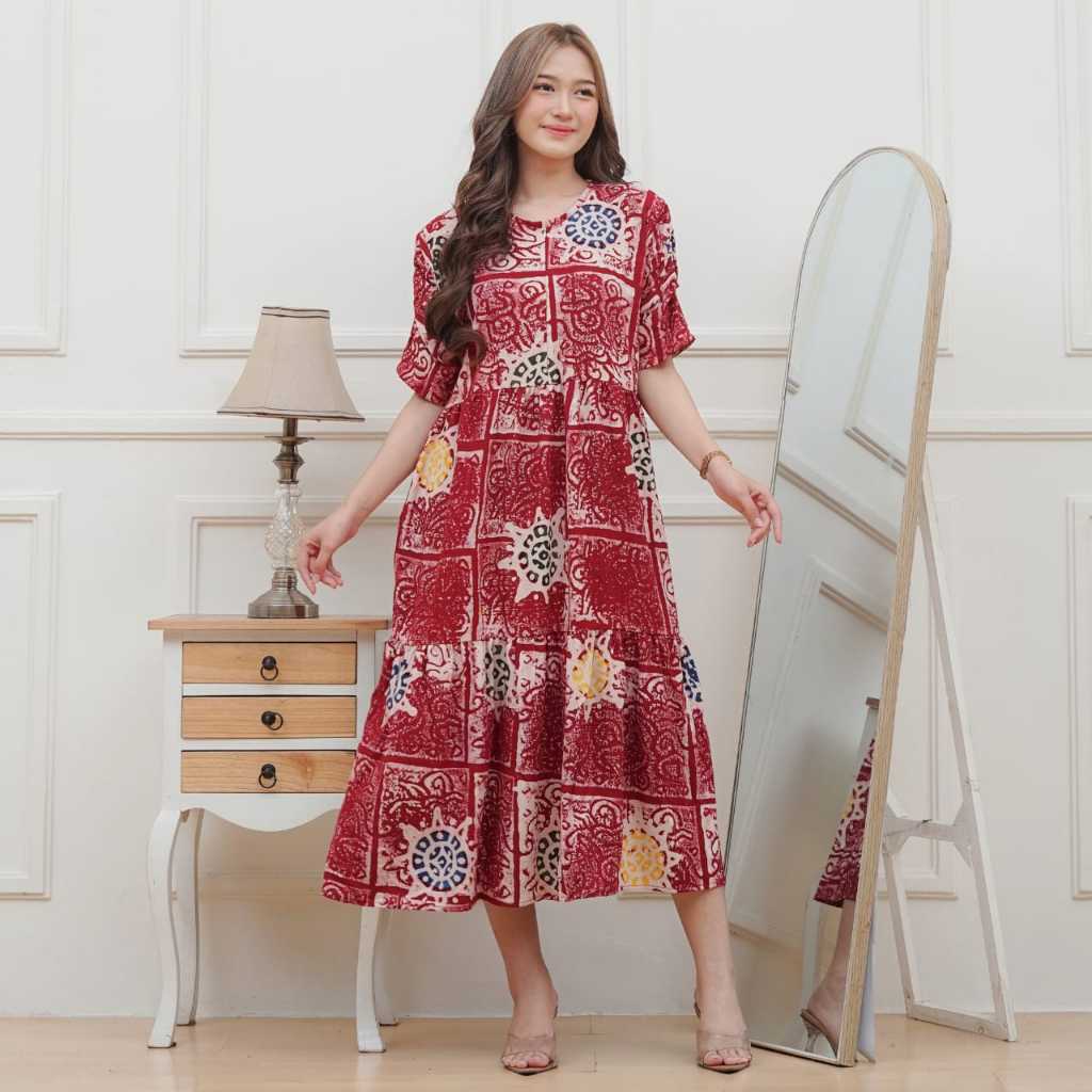 Daster batik cap malaman alisa busui frenly resleting depan daster maura susun lengan 3/4 kerut kare