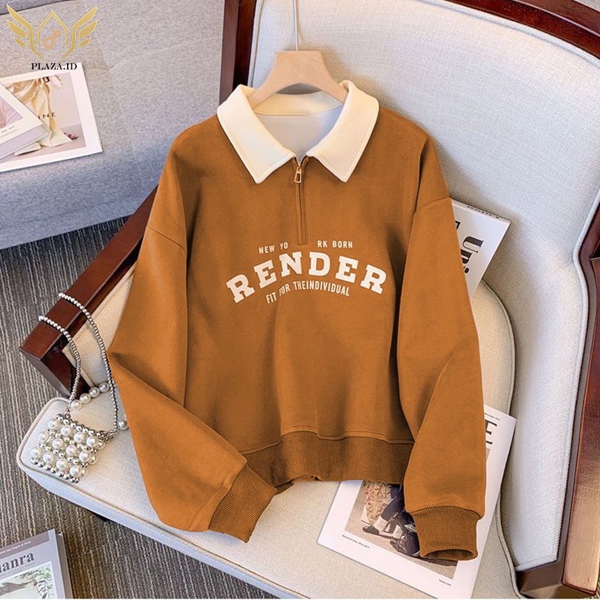 SWEATER HALF ZIPPER RUGBY KOMBINASI KUNYIT CREAM RENDER JAKET SWEATER KERAH OVERSIZE