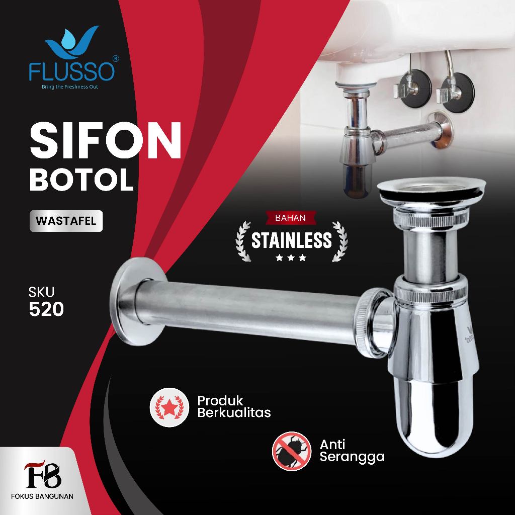 FLUSSO Sifon Botol Pipa Jumbo Wastafel Stainless | Sifon Pipa PVC Pembuangan Wastafel 926 | 520