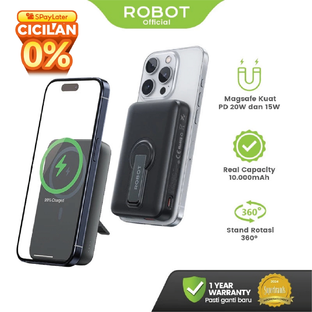 ROBOT Powerbank Magnetic Magsafe Kuat 10N PD 20W Fast Charging 10000 mAh RT15 Original - Garansi 1 T