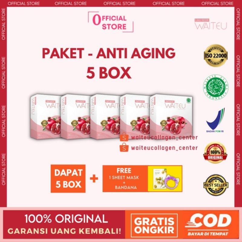 

[5 Box] WAITEU Minuman Collagen Paket Anti Aging - FREE sheet mask dan bando