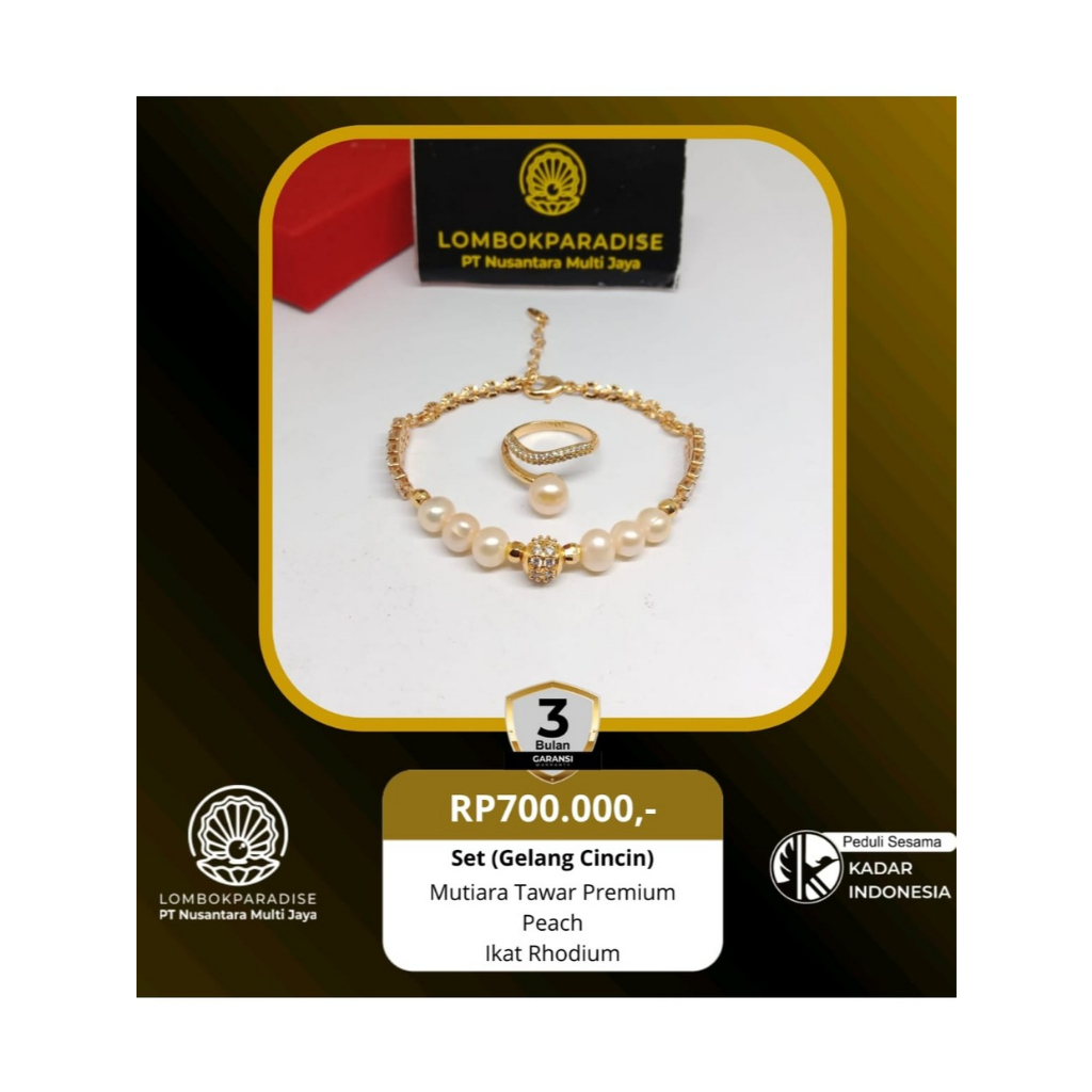 Aksesoris Perhiasan Set Gelang Cincin Mutiara Tawar Premium Salem Ikat Rhodium Lombok Paradise