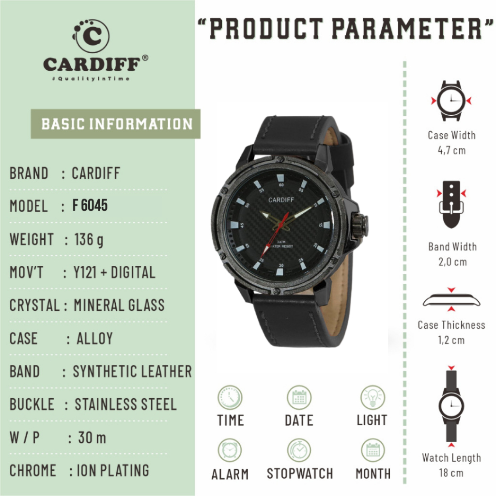 WTT CARDIFF Jam tangan pria analog kulit F 6045 Leather waterproof