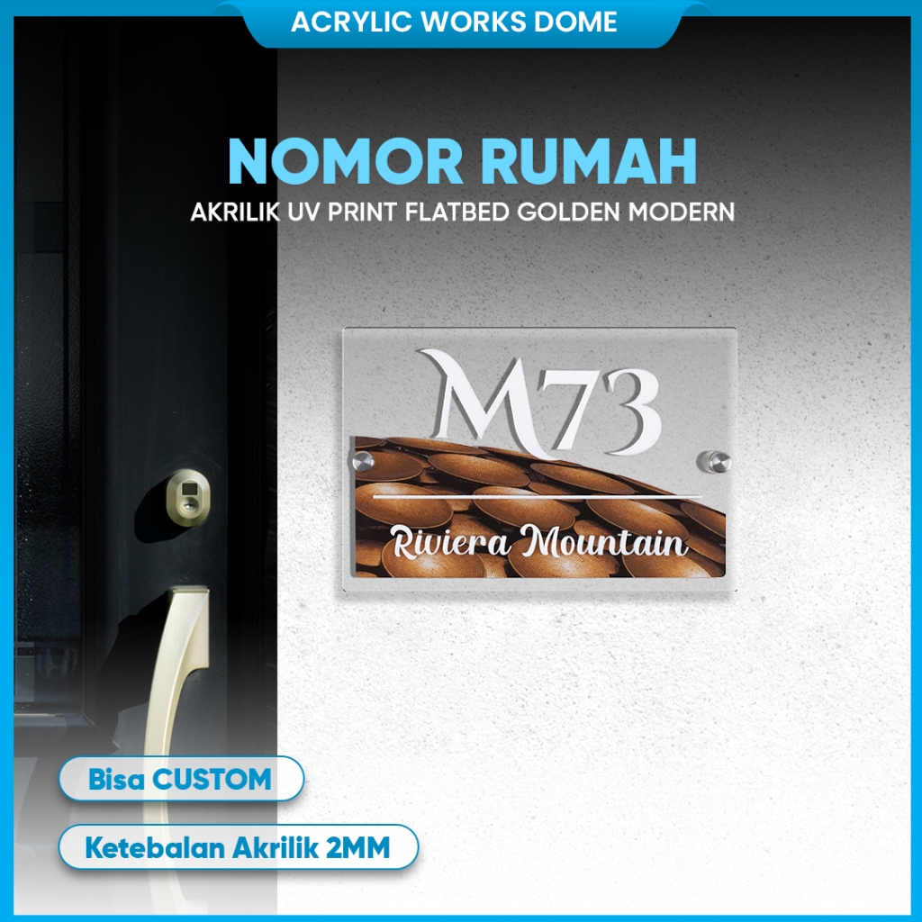 Nomor Rumah Akrilik UV Print Flatbed Motif Golden Modern