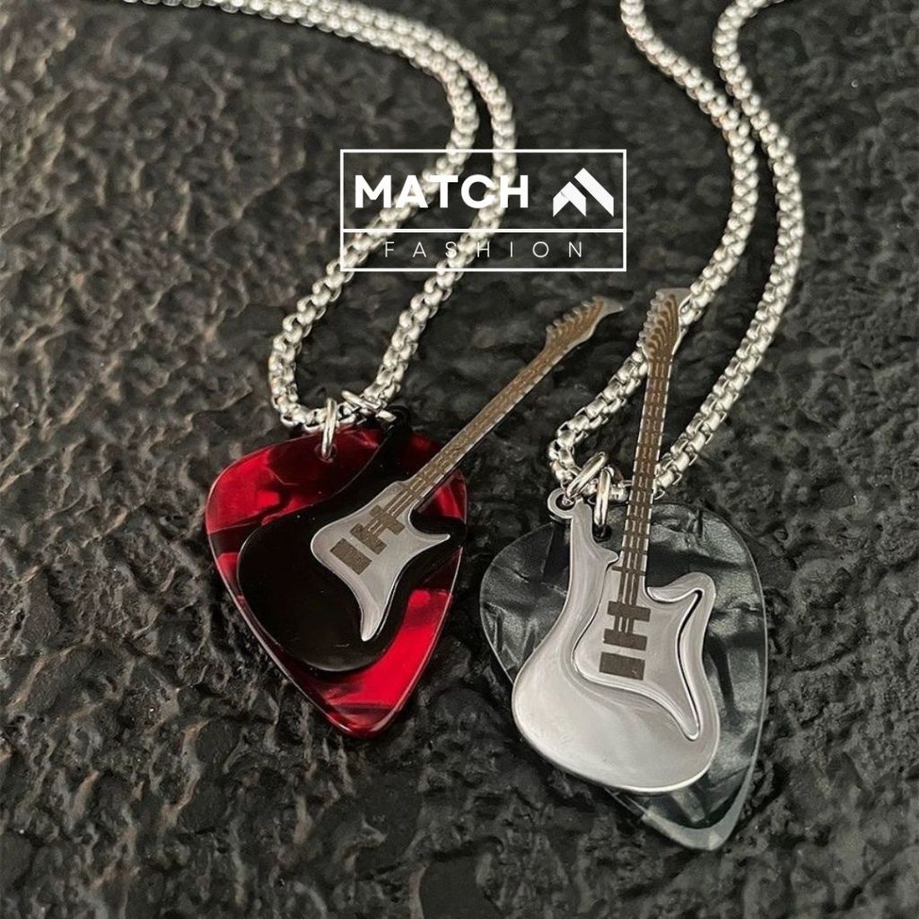 Kalung Titanium Anti Karat Rock Gitar Plus Pick Gitar Pria Wanita Style Viral Rantai Hits