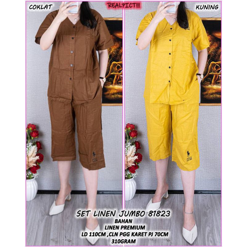 Set Linen Jumbo 81823 B5V - Bahan Premium - Warna Coklat, Kuning, Pink, dan Biru - Lingkar Dada 110 