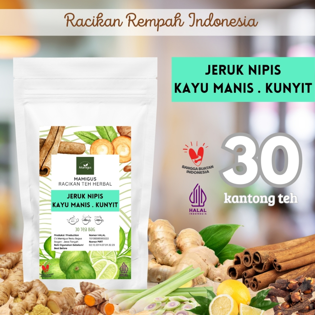 

TEH JERUK NIPIS KAYU MANIS KUNYIT CELUP / Lime Cinnamon Turmeric Tea / Teh Rempah Rimpang / 30 Tea Bag Mamigus