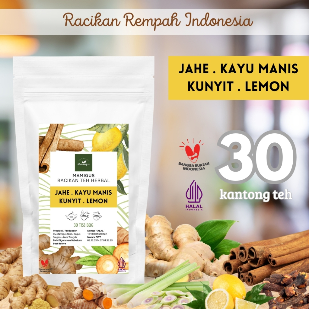 

TEH JAHE KAYU MANIS KUNYIT LEMON CELUP / Ginger Cinnamon Turmeric Lemon Tea / Teh Rempah Rimpang / 30 Tea Bag Mamigus