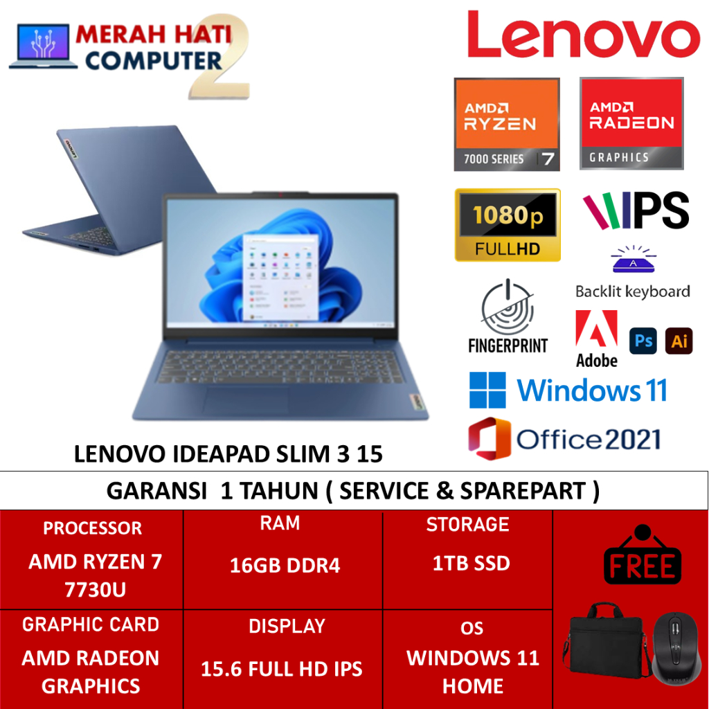 Laptop Gaming Lenovo Ideapad Slim 3 15 AMD Ryzen 7 7730U 16GB 1TB SSD 15.6 FHD IPS Backlit Win11