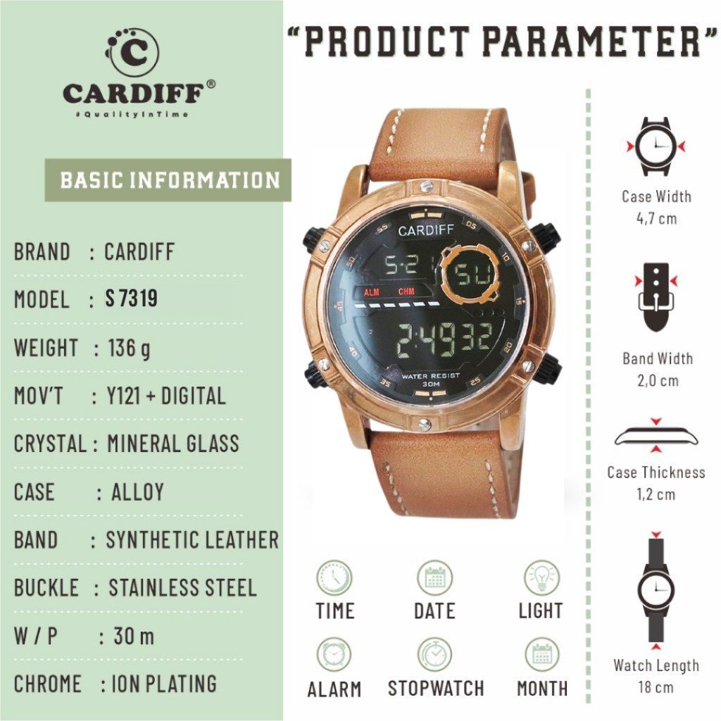 WTT CARDIFF Jam Tangan Pria Digital Kulit S 7319 Leather Waterproof