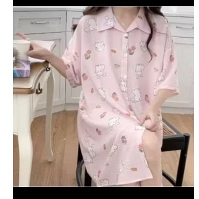 Daster crinkle sutra rabbit pink cantik jumbo ld125