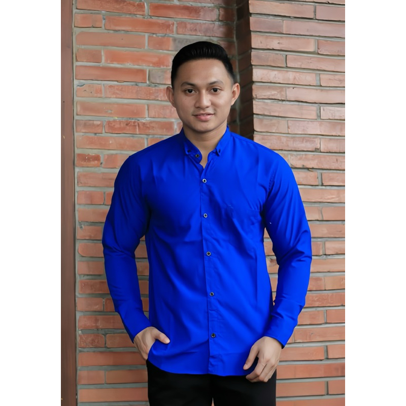 Kemeja polos lengan panjang biru tua Fashion pria/wanita