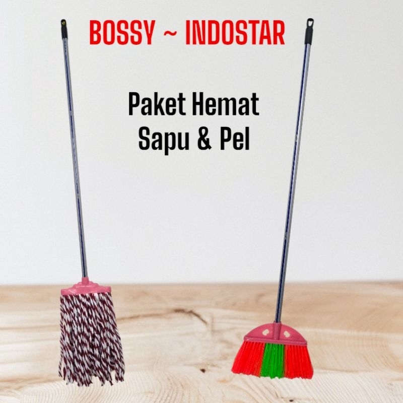 paket sapu + pel lantai /sapu dan pel bossy indostar/ broom mop set