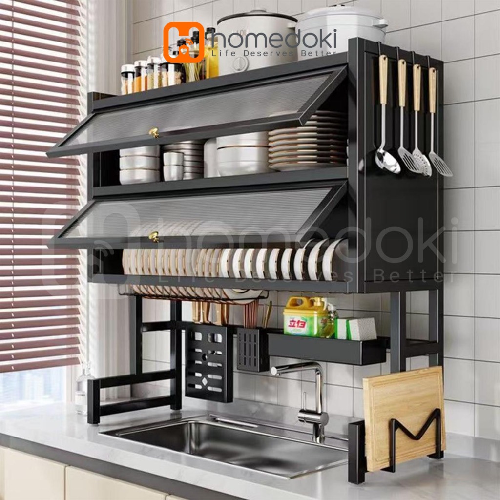 Homedoki Rak Piring Wastafel Dapur Stainless Steel Multi-fungsi Dengan Penutup Rak Piring Tertutup