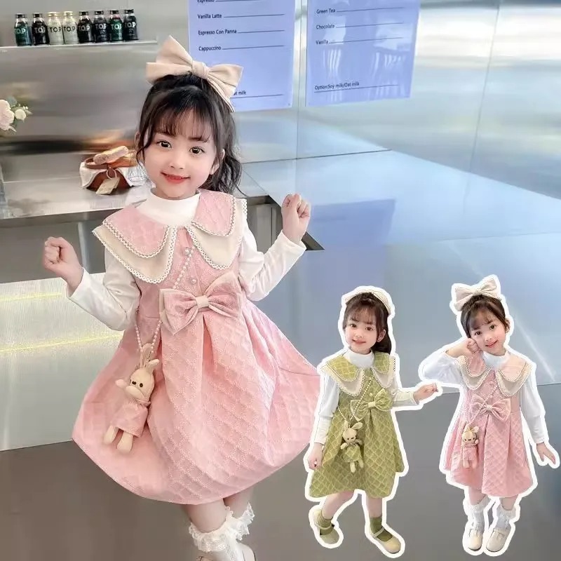 Dress Sweet Bludru Anak Perempuan Usia 1-4 Tahun | Dress Waffle Free Tas Model 2in1 Lengan Panjang K