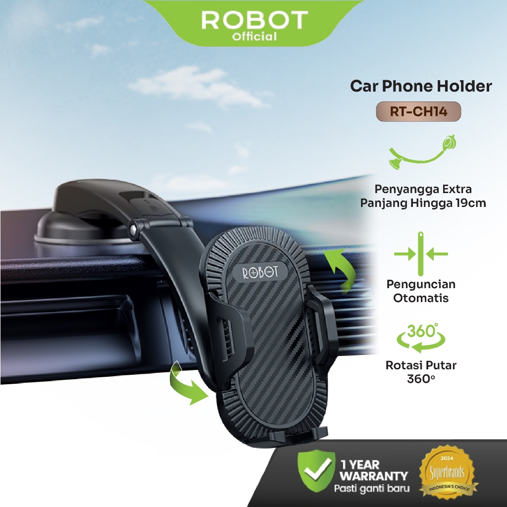 ROBOT RT-CH14 Dashboard Suction Cup Automatic Lock Universal Car Holder Black Original - Garansi 1 T