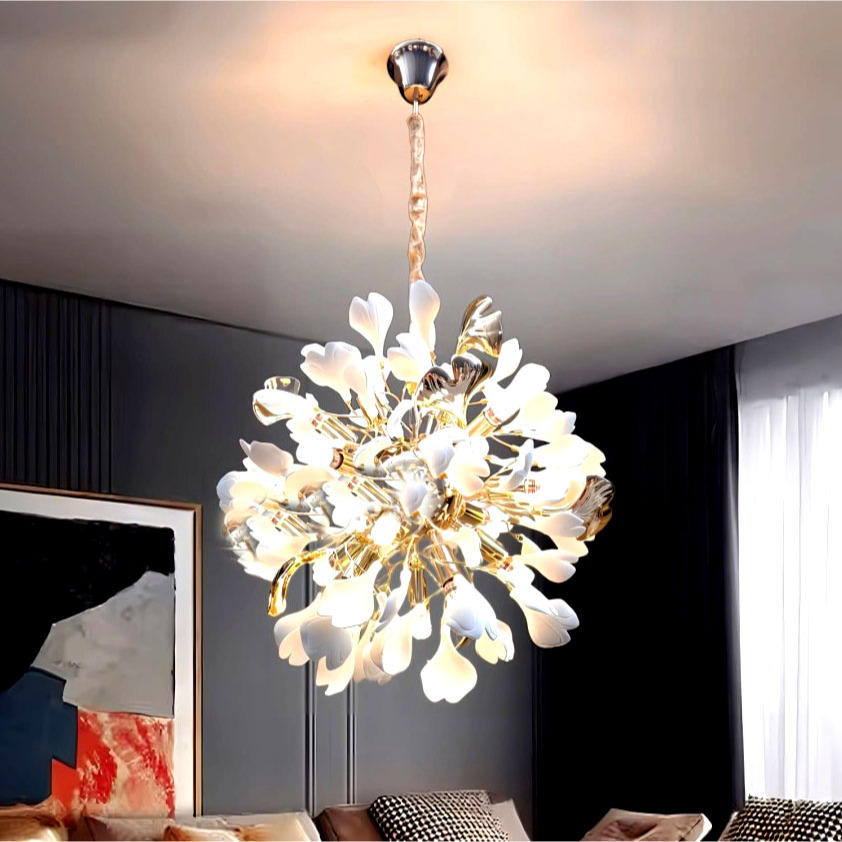 Lampu hias susun gantung kembang bunga daun warna putih gold keramik Modern  chandelier elegan minim