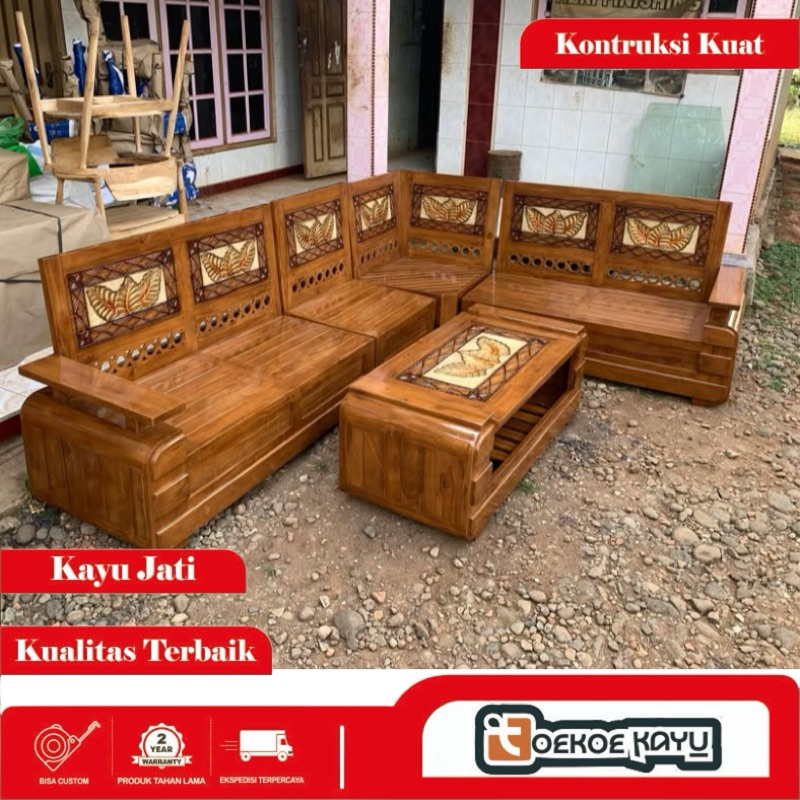 kursi sudut tamu kayu jati, kursi domini motif daun, kursi tamu sudut kayu jati paling laris