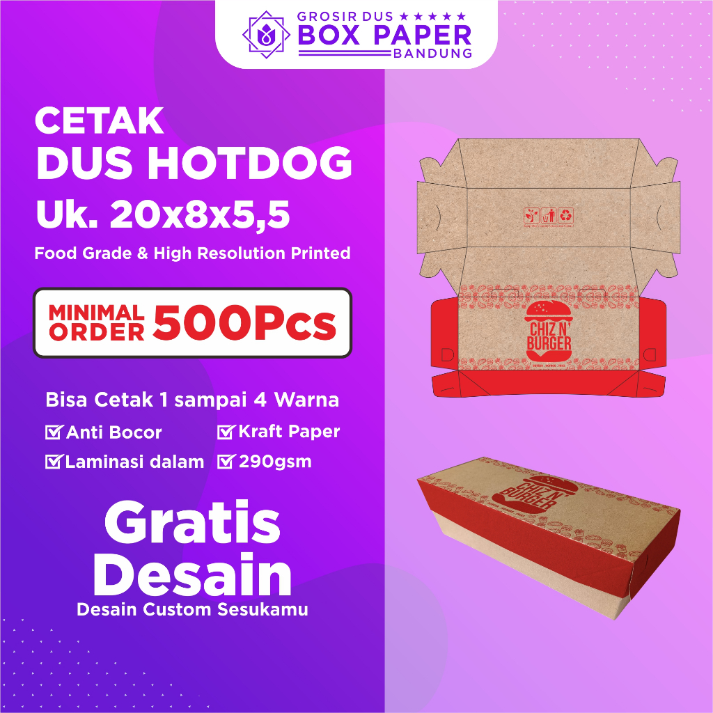 Custom Cetak Dus Hotdog Warna Kotak Makan Kertas Paper Box Makanan Dus Craft