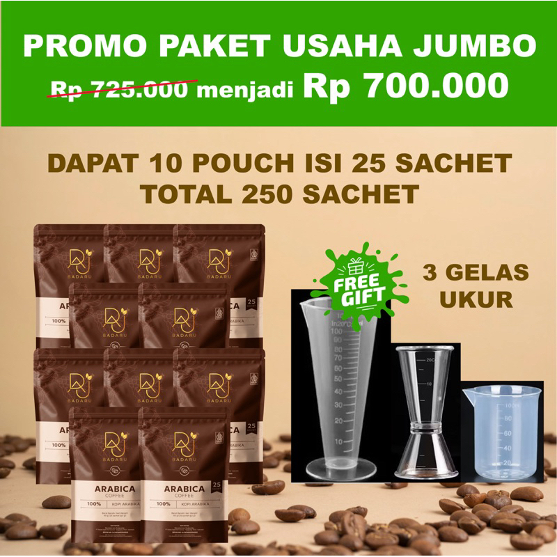 

PAKET USAHA JUMBO 10pouch isi 25sachet free 3gelas ukur | kopi badaru arabika espresso instan tanpa ampas