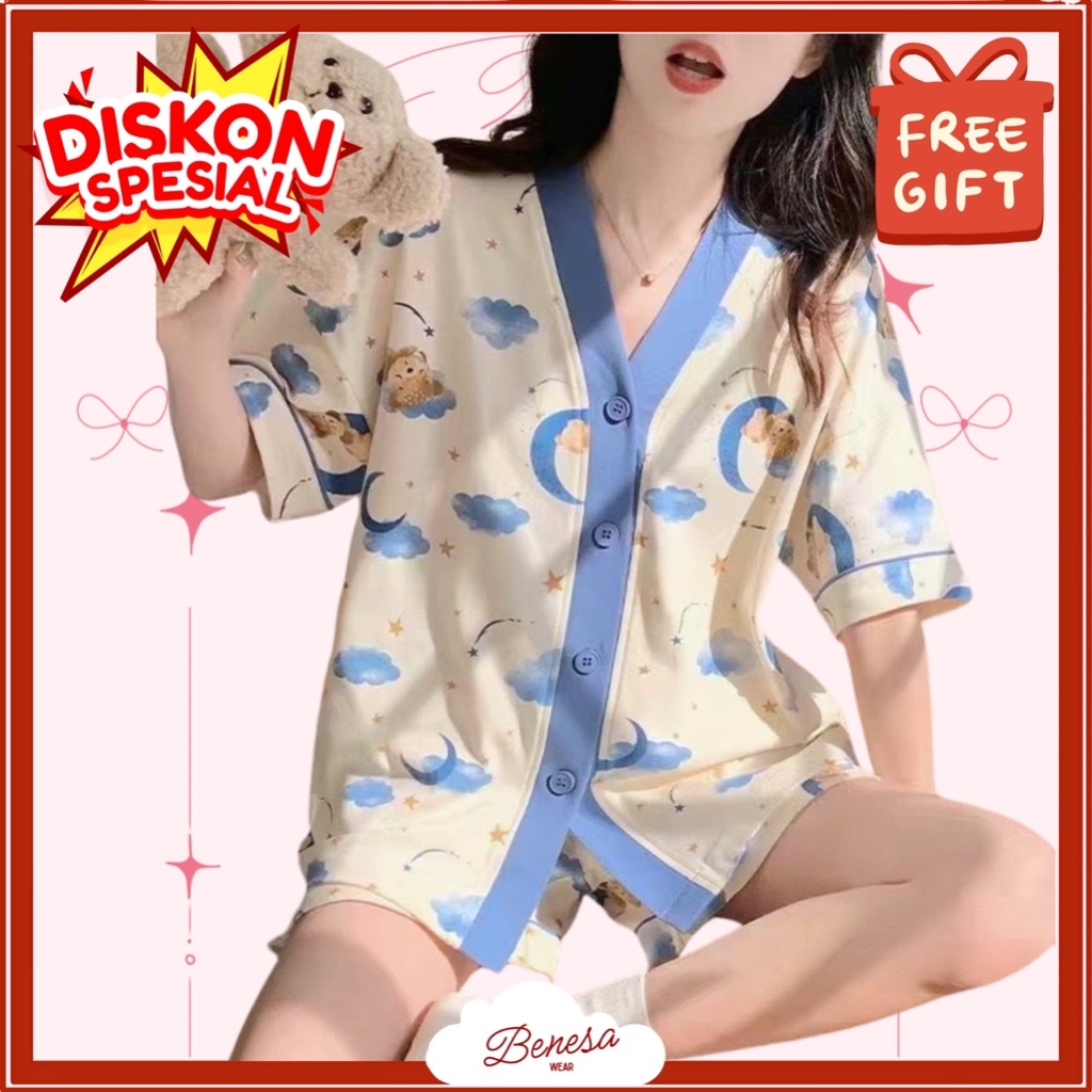 Benesa Wear - Baju Tidur Wanita Set Pendek - Piyama Setelan Pakaian Lucu Motif Dewasa Karakter Katun