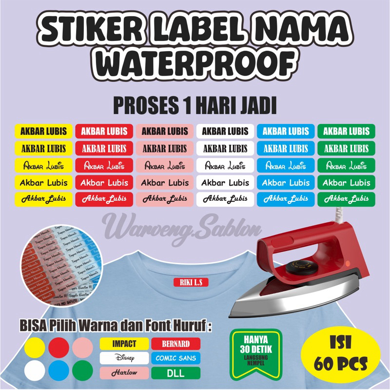 

Sticker Nama Label Printing Isi 60 Pcs Untuk di Kain / Kaos Sablon Setrika Gratis Custom Nama - Label DTF bisa ditempel - Isi Lebih Banyak - Varian Huruf Lebih Banyak
