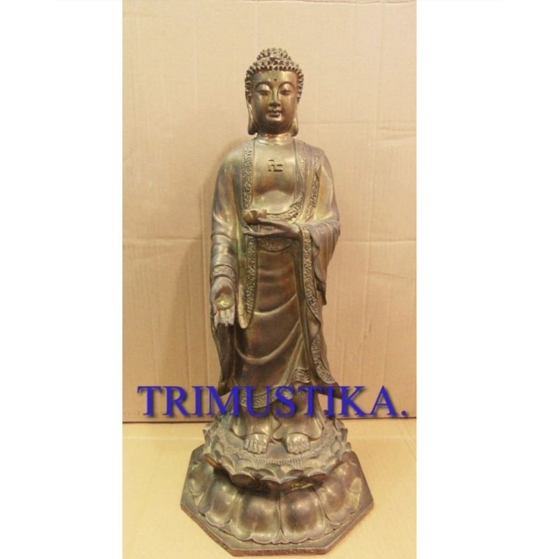 Patung Buddha / Budha Berdiri Membawa Teratai Kuningan Besar