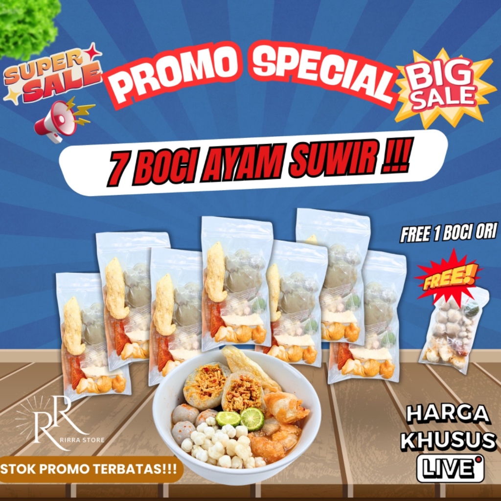 

[SPECIAL ETALASE] 7BUNGKUS BASO ACI AYAM SUWIR PEDAS EKONOMIS FREE 1 BOCI KUAH KALDU INSTAN