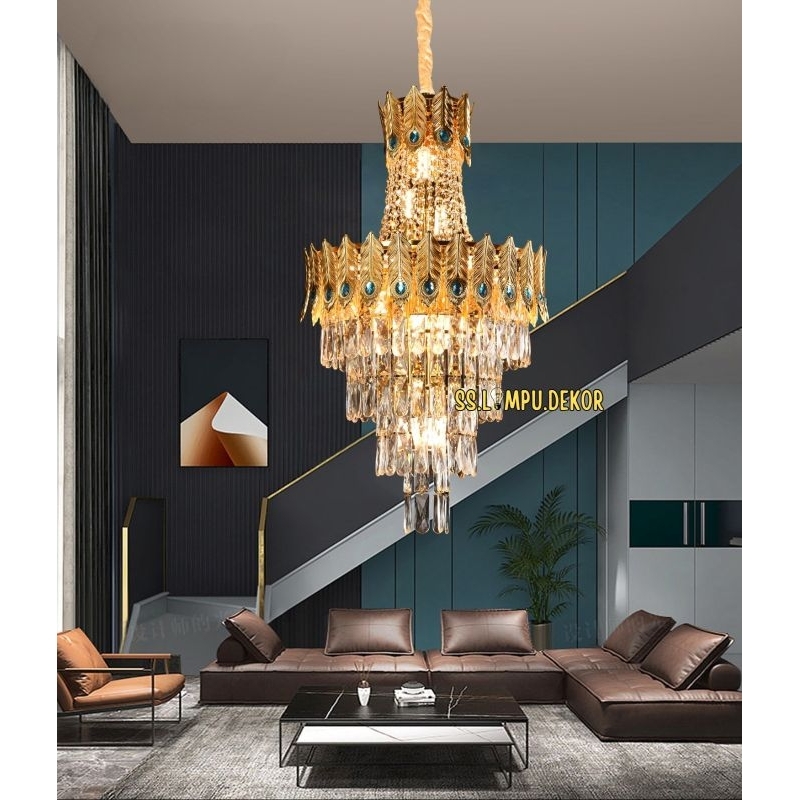 Lampu Gantung Kristal Mewah Ruang Tamu Gold Model Bulu Merak