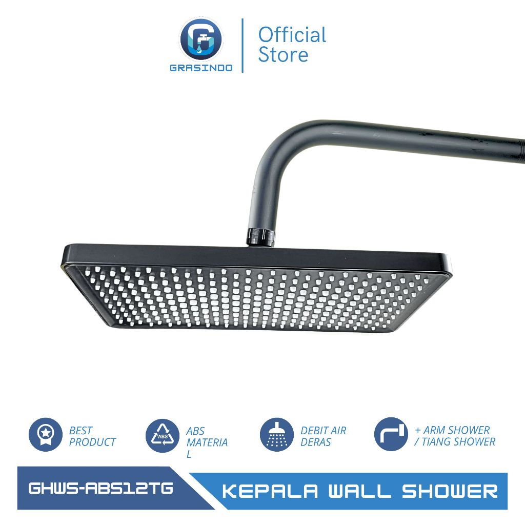 Kepala Wall Shower Kotak 12 Inch Abs / Head Shower Kotak 12inch Hitam Shower Rainfall Kotak 12" Set 
