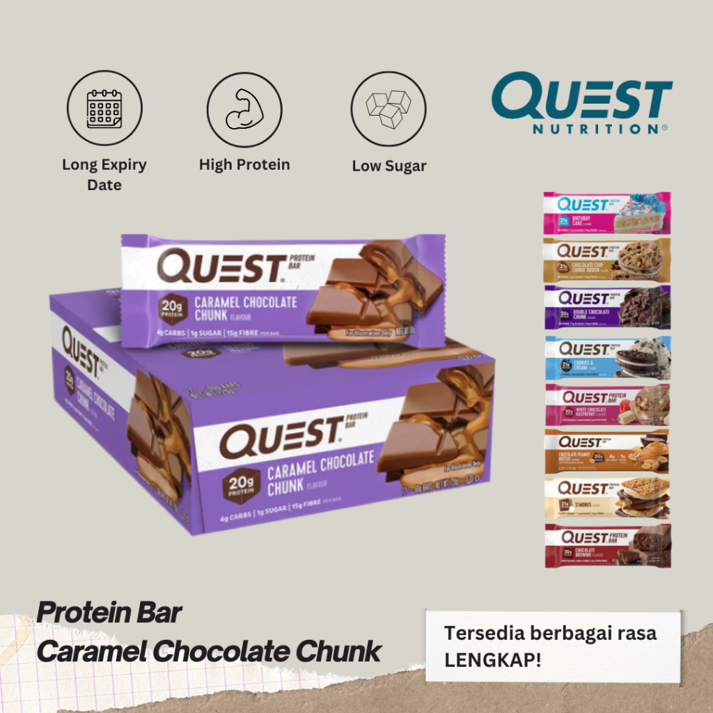 

Quest Protein Bar 60g Rasa Caramel Chocolate Chunk Nutrition Energy Healthy Snack Bars Fitness Gym Low Sugar High Protein High Fiber