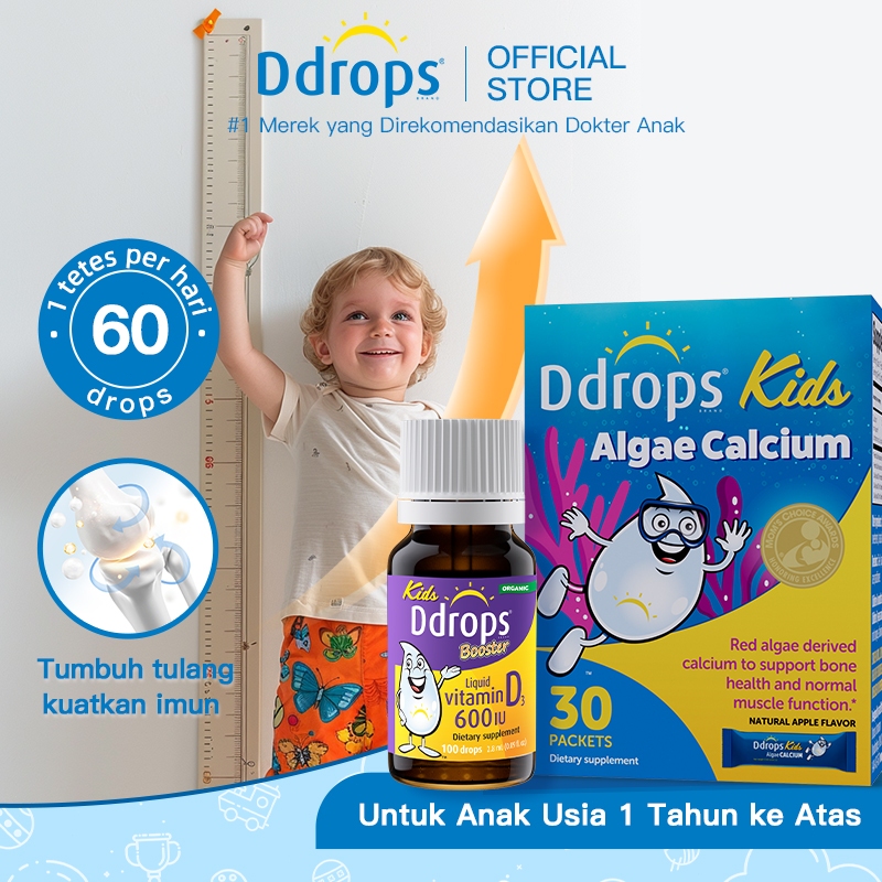 Ddrops Kombinasi Pertumbuhan & Kekebalan Anak. Vitamin D3 600IU + Serbuk Kalsium Alga dalam bentuk c