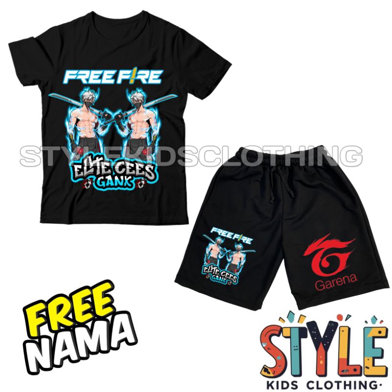 BISA COD Kaos Anak Celana Anak Elite Cees Gank Free Fire Karakter Pedang Katana Samurai Free Nama/T-
