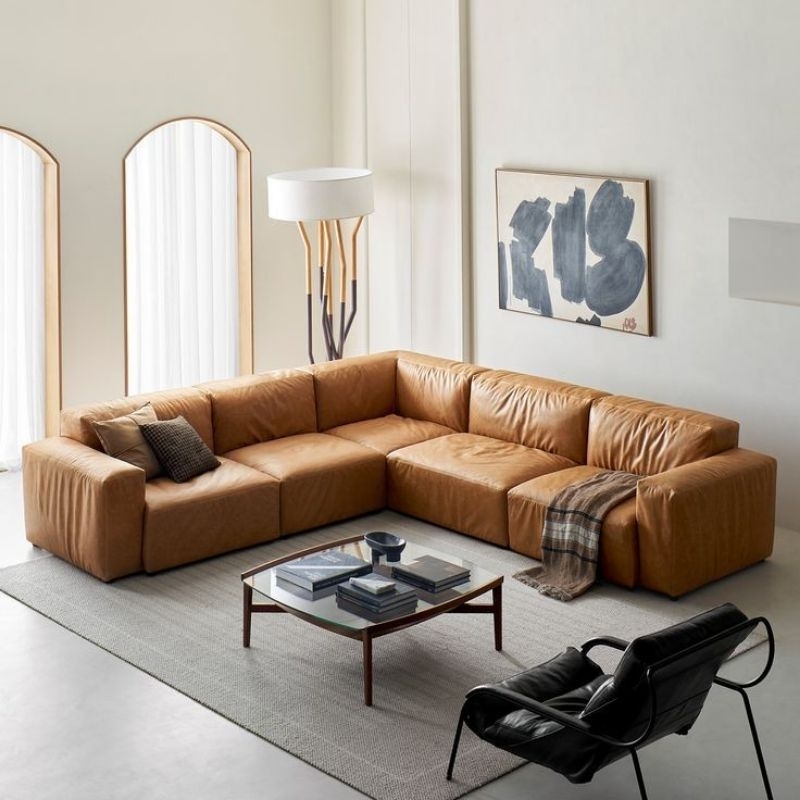 sofa sudut modern minimalis L shape sofa kulit premium
