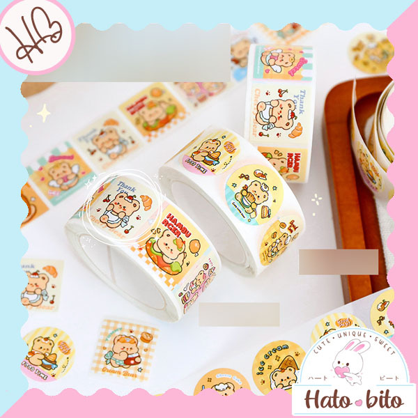 

1 roll isi 300 pcs sticker roll cream bear deco stiker beruang lucu cute stiker segel bulat HB1947