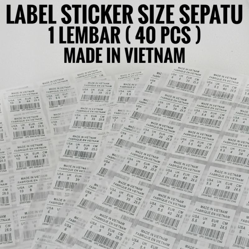 Label Setrika size sepatu / Barcode Sepatu / Made In Vietnam 1 Lembar ( 40 pcs )