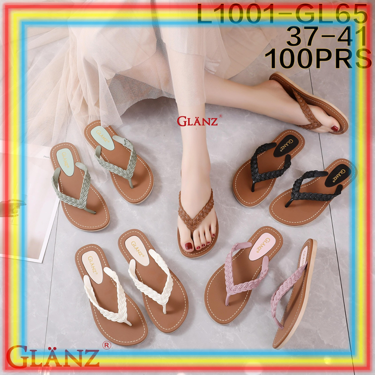 L1001GL65 Sendal Jepit Karet Wanita Glanz Sandal Jepit Wanita Coklat Motif Kepang Kelabang Glanzton
