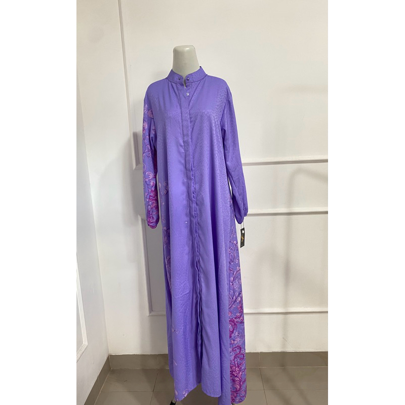 Gamis Long Dress Wanita Elegan - Warna Ungu Motif Floral Samping