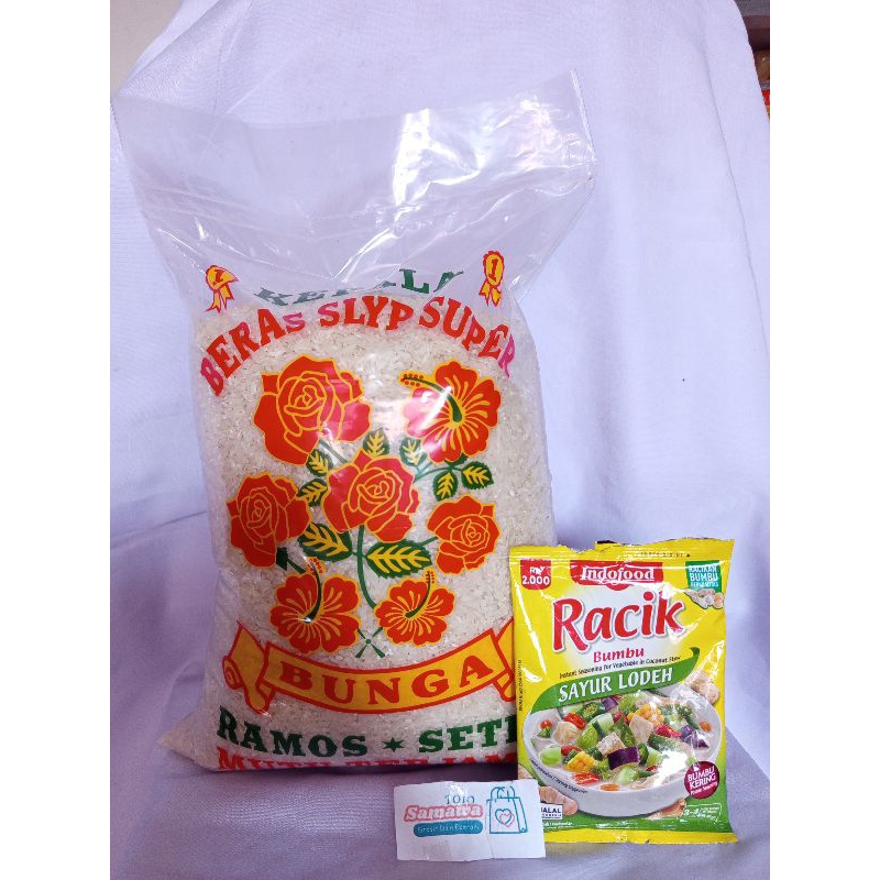 

PROMO BERAS 5 KG MEDIUM PULEN CAP RAMOS SETRA BUNGA BONUS BUMBU RACIK INDOFOOD