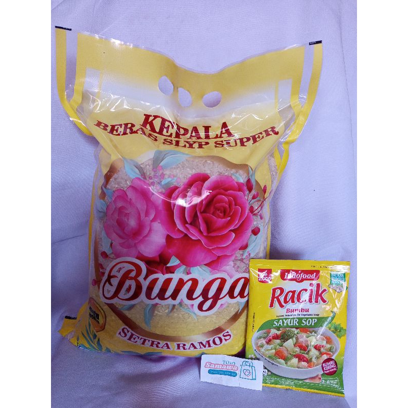 

BERAS 5 KG PREMIUM PULEN CAP BUNGA SETRA RAMOS BONUS BUMBU RACIK INDOFOOD