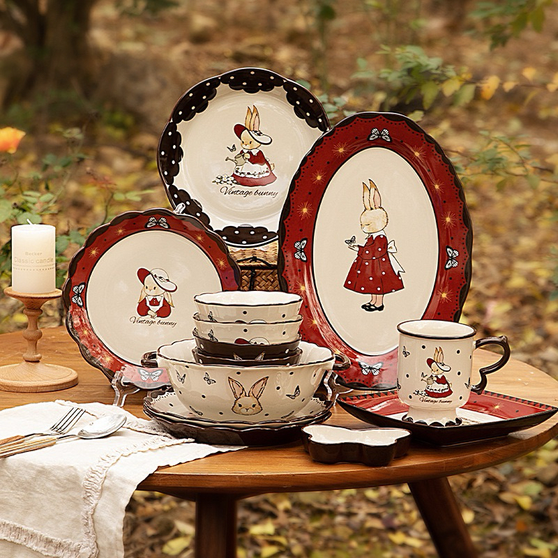 PM 40 SATUAN PREMIUM COLLECTION Rabbit Vintage / Piring Mangkok Mug Gelas Cup Keramik Motif Rabbit K